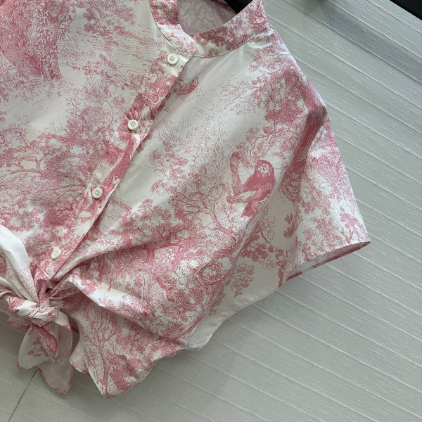 CD 25 Chemise courte à manches volantes Blanc Rose Coton