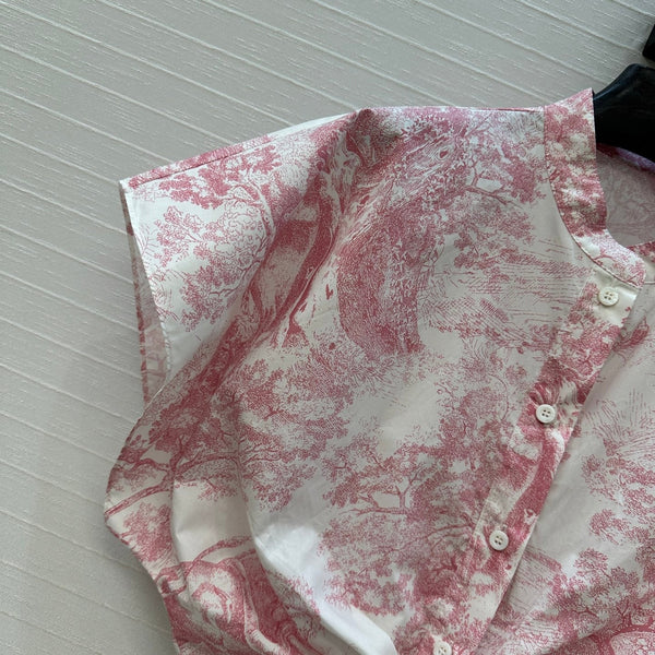 CD 25 Chemise courte à manches volantes Blanc Rose Coton