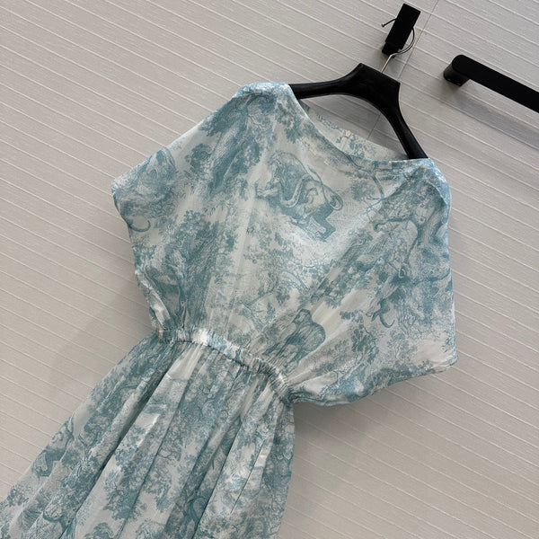 CD 25 Sauvage Jouy Boat Neck Dress Light Blue mix White Cotton