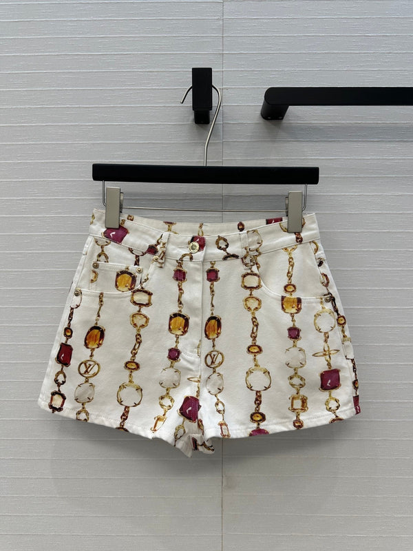 Shorts in denim con cerniera stampata della serie LV 25 Bourgoise, cotone bianco