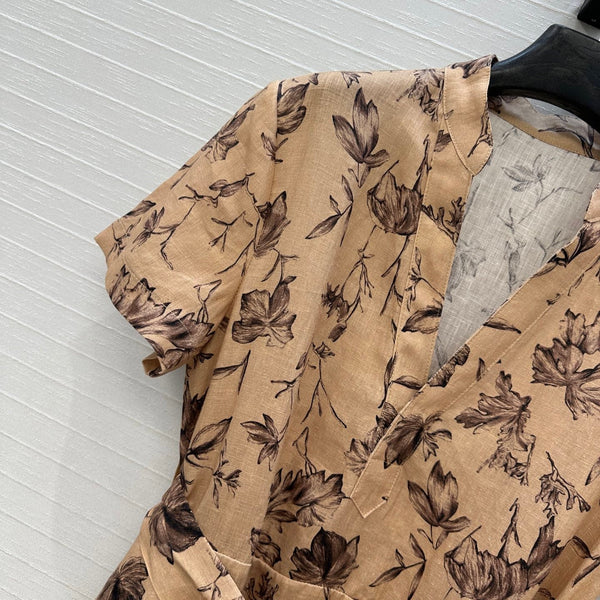 CD 25 Robe longue col en V imprimé floral Lin beige mélangé marron foncé