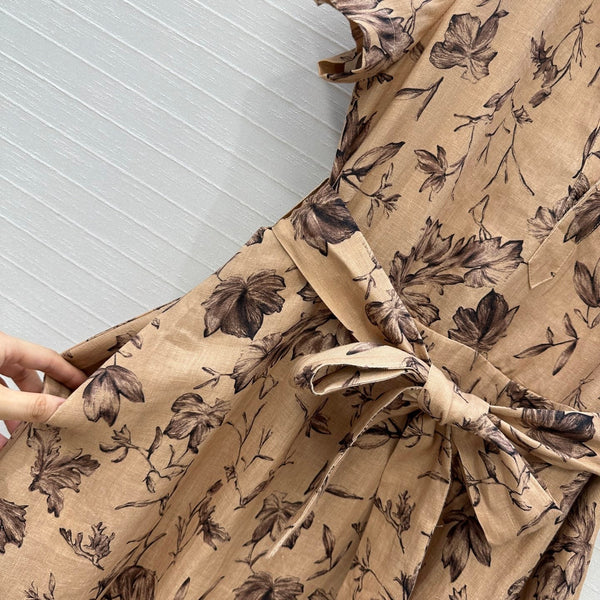 CD 25 Robe longue col en V imprimé floral Lin beige mélangé marron foncé