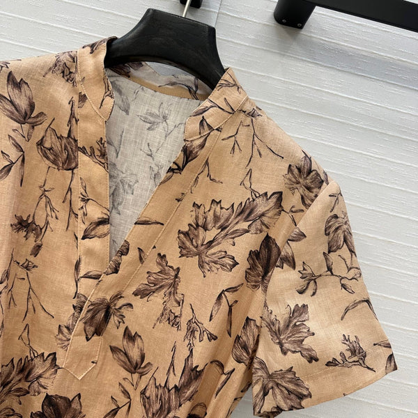 CD 25 Robe longue col en V imprimé floral Lin beige mélangé marron foncé