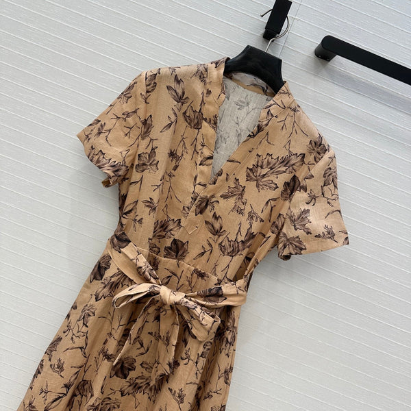 CD 25 Robe longue col en V imprimé floral Lin beige mélangé marron foncé