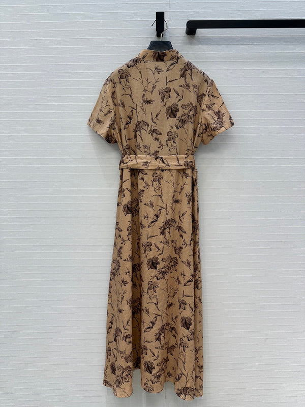 CD 25 Robe longue col en V imprimé floral Lin beige mélangé marron foncé