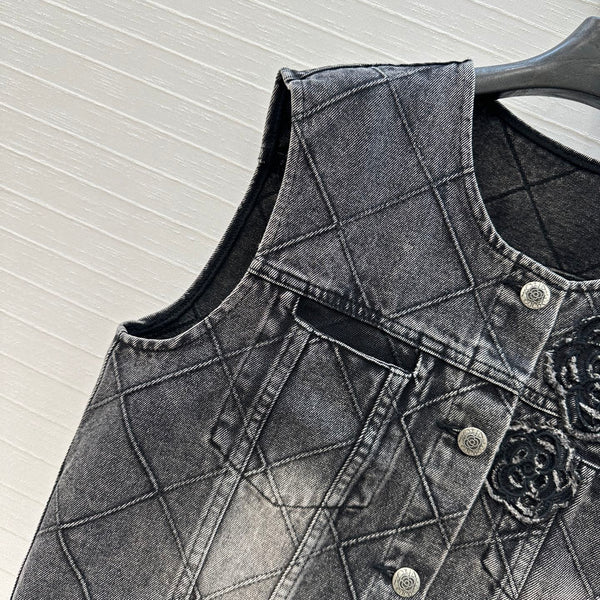CC Gilet en jean fleuri en coton noir