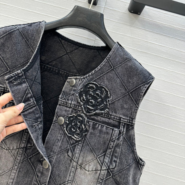 CC Gilet en jean fleuri en coton noir