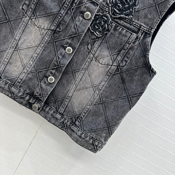 CC Gilet en jean fleuri en coton noir