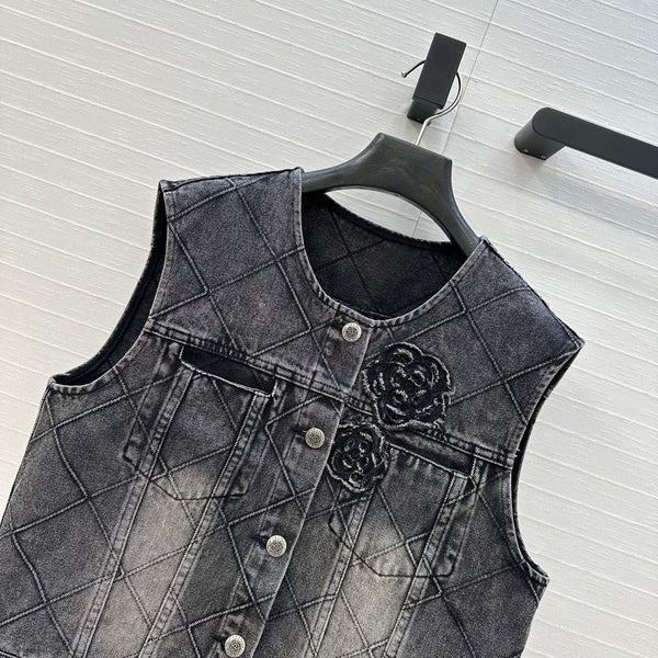 CC Gilet en jean fleuri en coton noir