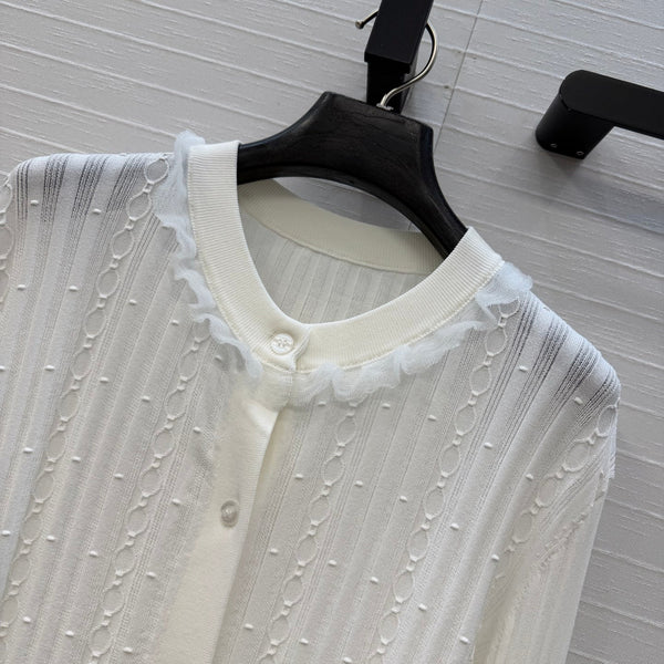 HM Long-Sleeve Sweater With Ruffled Details White Modal Nylon