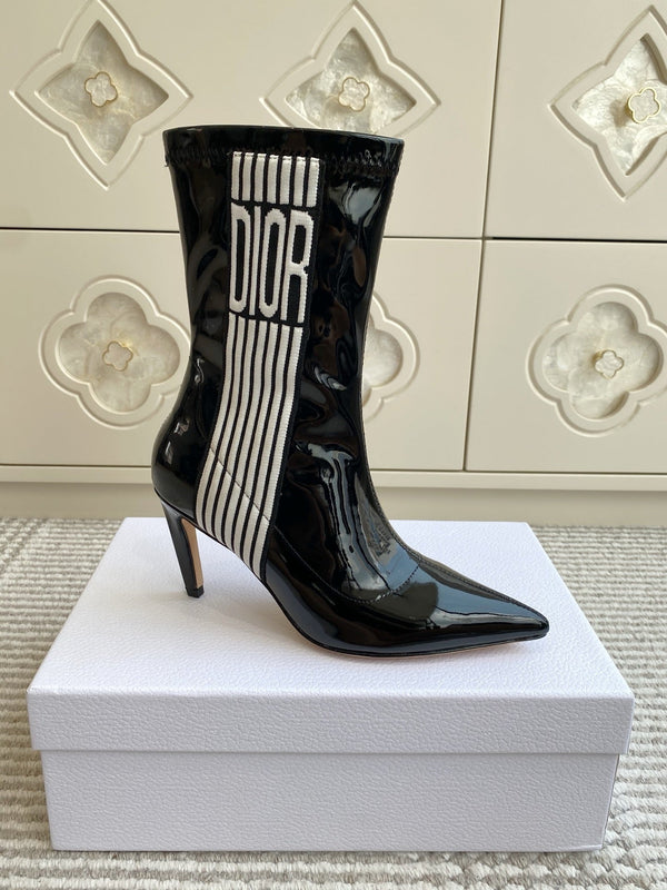Dior 2025 Tribales Heeled Ankle Boot 80mm Black White Patent Leather 501197