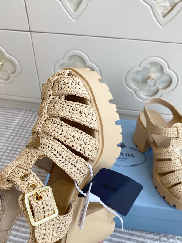Prad 26s Fisherman Platform Sandals 8.5cm Beige Raffia 122240