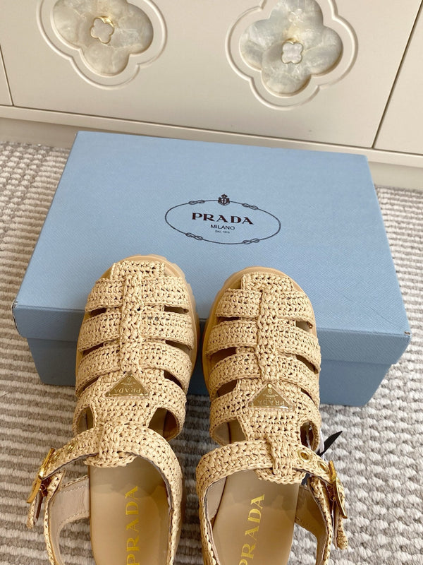 Prad 26s Fisherman Platform Sandals 8.5cm Beige Raffia 122240