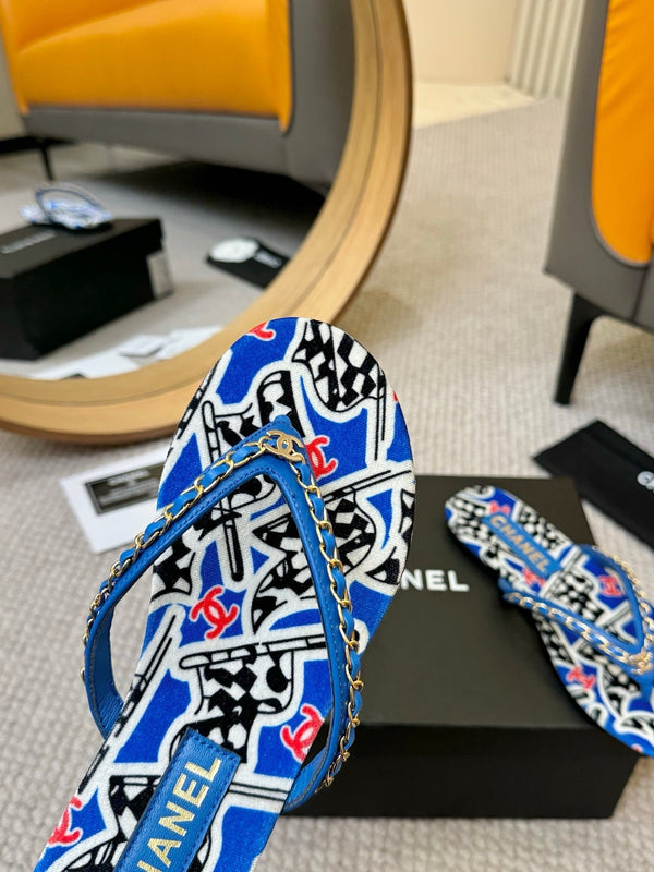 CC Chain Strap Thong Slippers Blue Cloth Sheepskin Velvet 305869