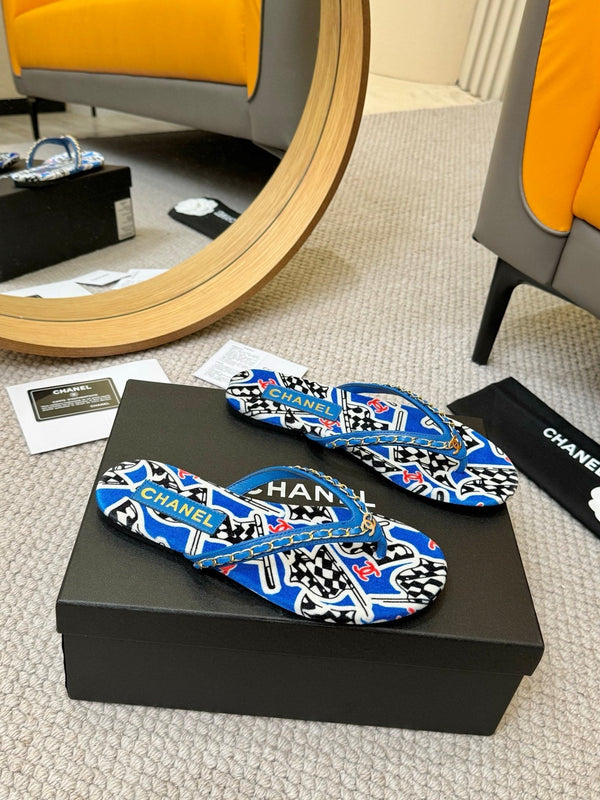 CC Chain Strap Thong Slippers Blue Cloth Sheepskin Velvet 305869