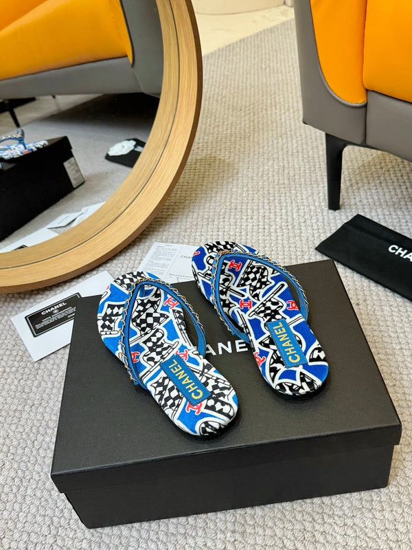 CC Chain Strap Thong Slippers Blue Cloth Sheepskin Velvet 305869