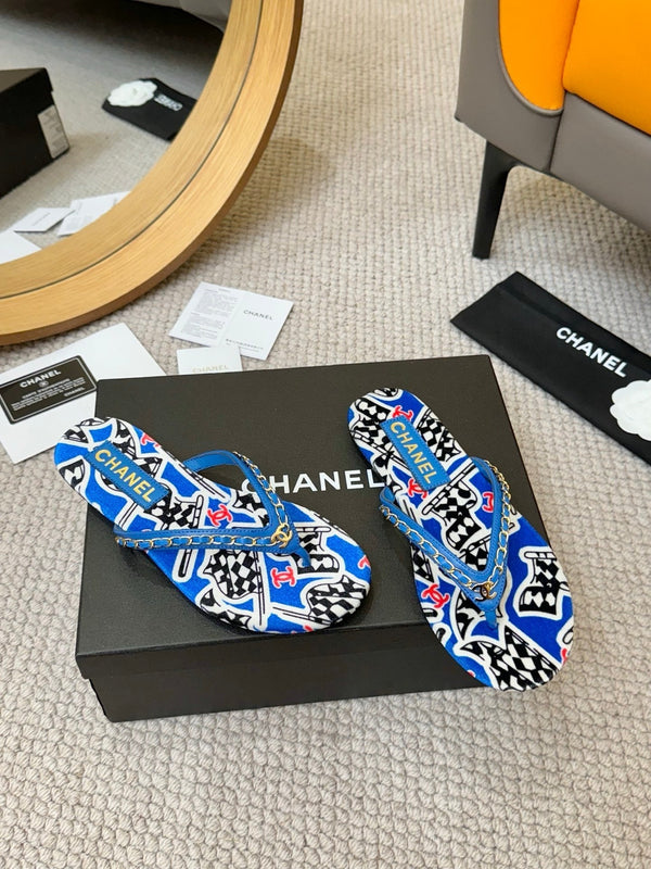 CC Chain Strap Thong Slippers Blue Cloth Sheepskin Velvet 305869