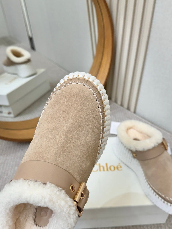 Chloe Nama Shearling-Lined Mule Beige Suede 528077