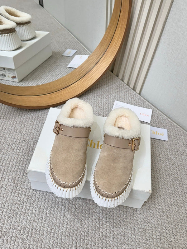 Chloe Nama Shearling-Lined Mule Beige Suede 528077