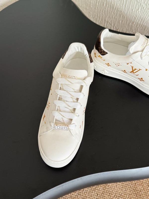 LV Sneakers Time Out White Shoes Gold Monogram Calfskin