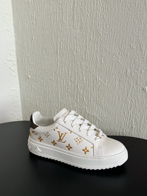 LV Sneakers Time Out White Shoes Gold Monogram Calfskin