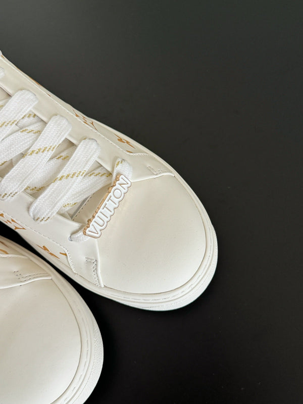 LV Sneakers Time Out White Shoes Gold Monogram Calfskin