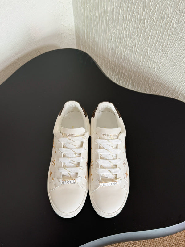 LV Sneakers Time Out White Shoes Gold Monogram Calfskin
