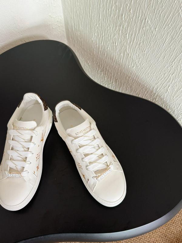 LV Sneakers Time Out White Shoes Gold Monogram Calfskin