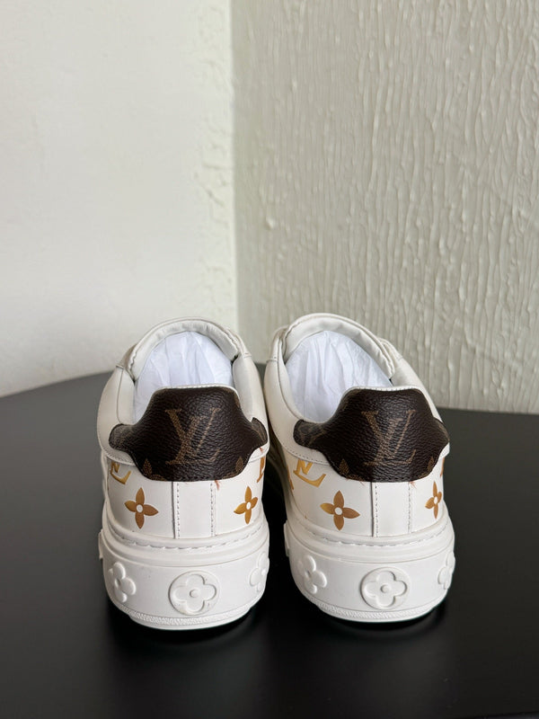 LV Sneakers Time Out White Shoes Gold Monogram Calfskin