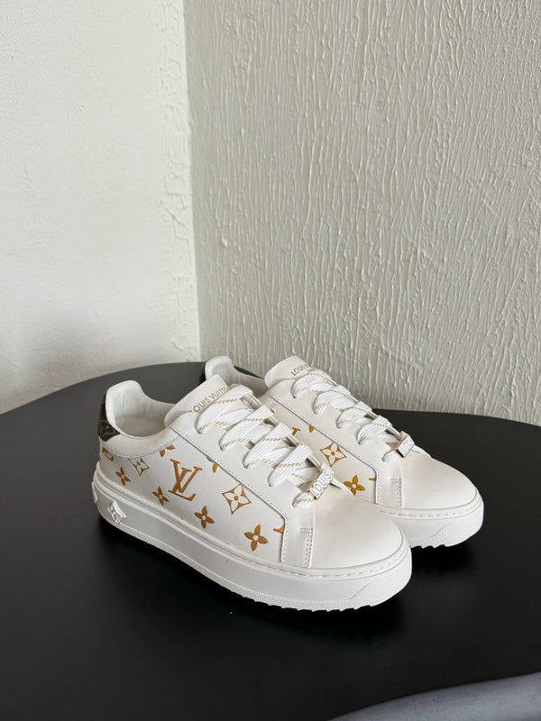 LV Sneakers Time Out White Shoes Gold Monogram Calfskin