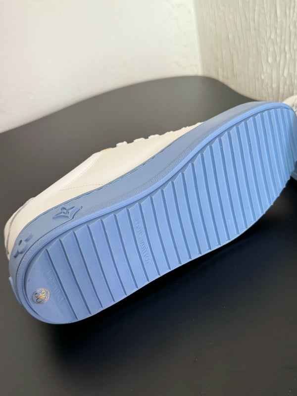 LV Sneakers Time Out Logo Print White Mix Light Blue Calfskin