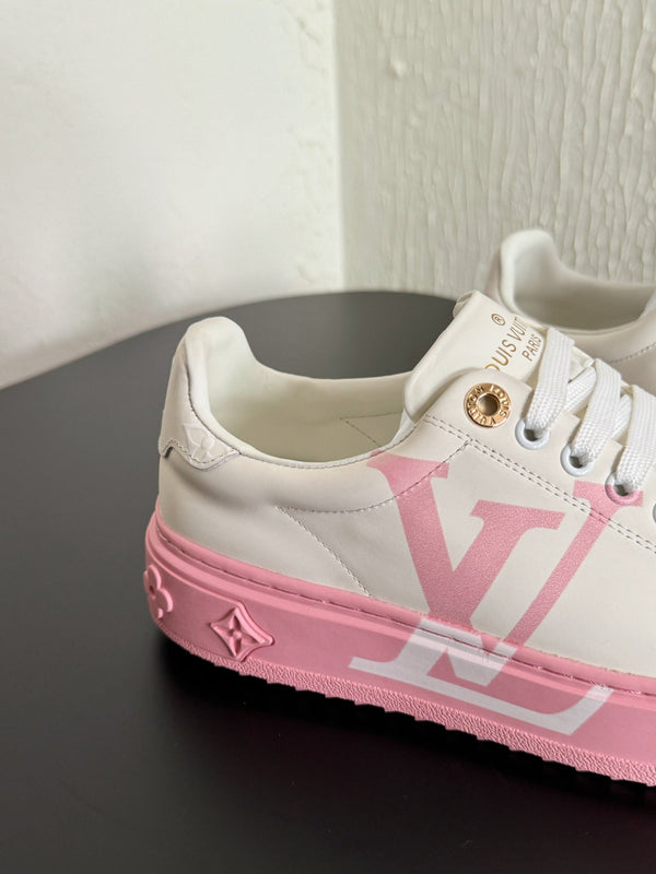 LV Sneakers Time Out Logo Print White Mix Pink Calfskin