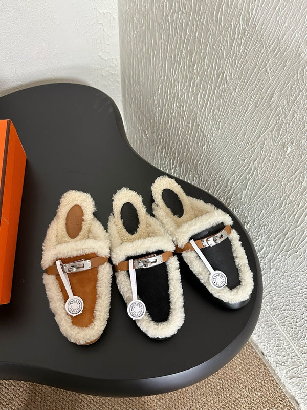 HM Oz Mule Black Mix White Suede Lined With Wool Fleece 961091