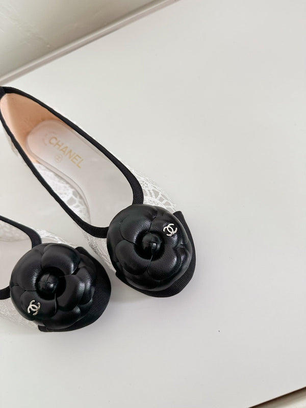 Ballet Flats White Lace Mesh Black Grosgrain Flower