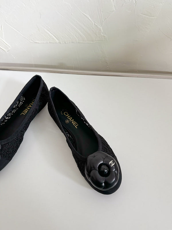 Ballet Flats Black Tweed Grosgrain Flower