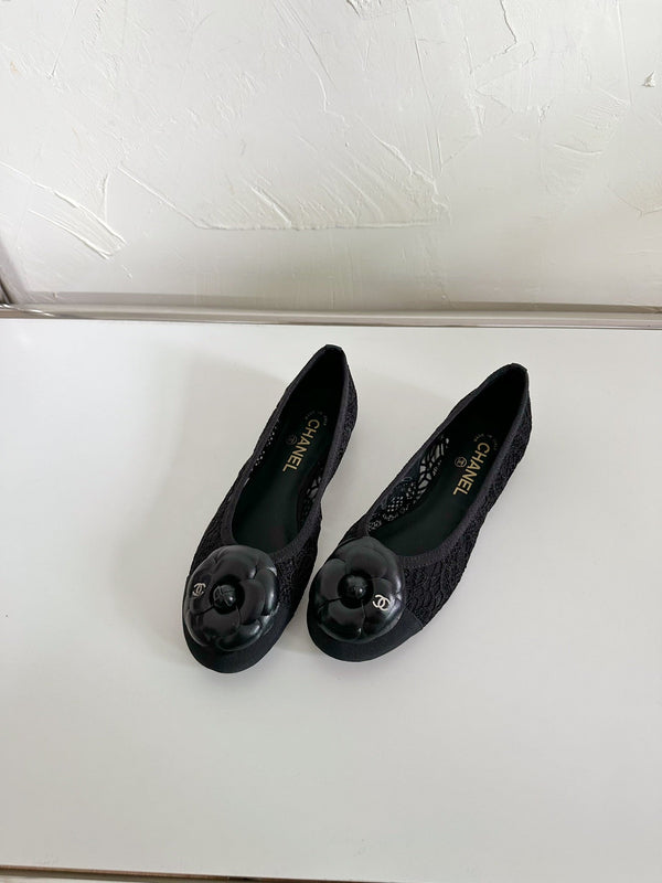 Ballet Flats Black Tweed Grosgrain Flower