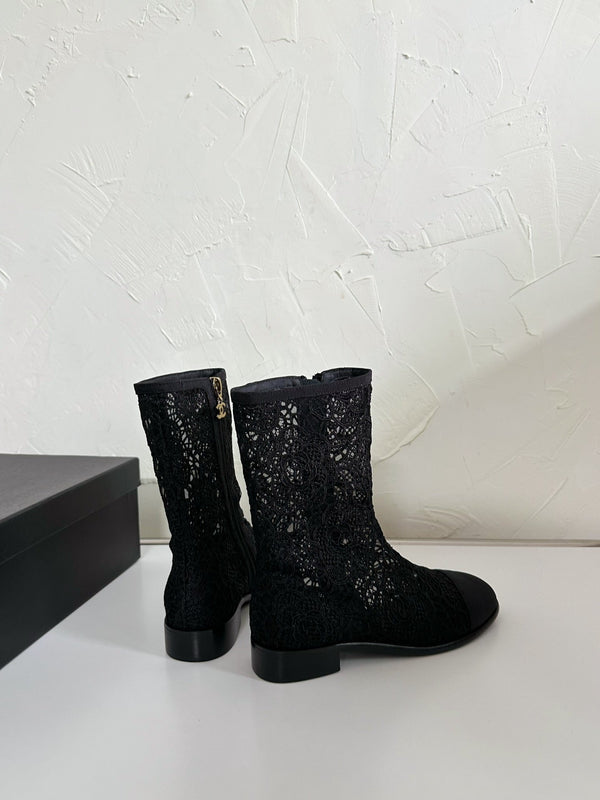 CC Boots Flower Black Lace Mesh Grosgrain