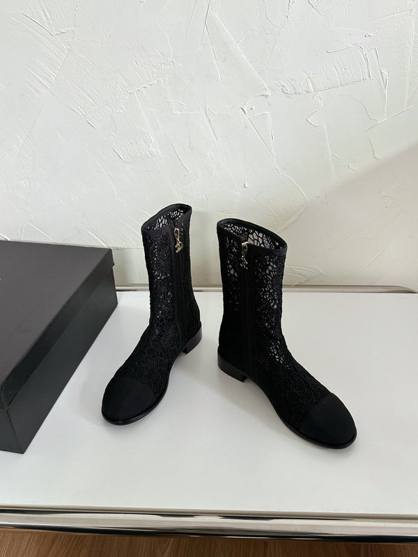 CC Boots Flower Black Lace Mesh Grosgrain