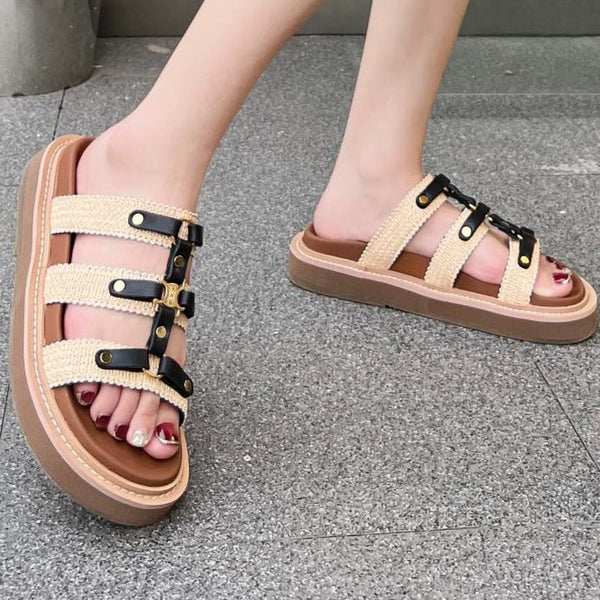 TIPPI SLIDE IN CANVAS & CALFSKIN NATURAL BROWN CREAM/ BLACK