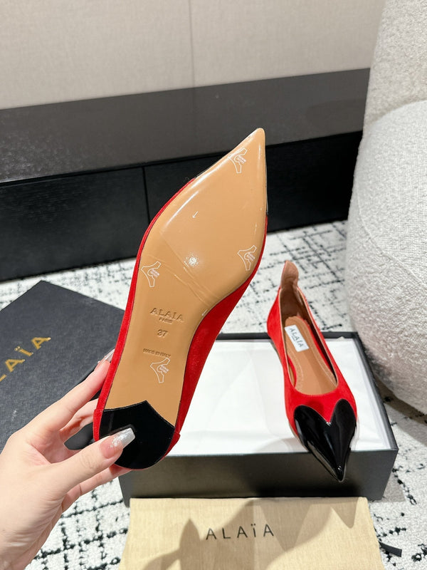 ALAIA PUMP 1 CM IN CHERRY RED SUEDE MIX BLACK CALFSKIN