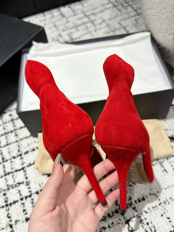 ALAIA HIGH PUMPS 10CM IN CHERRY RED SUEDE MIX BLACK CALFSKIN