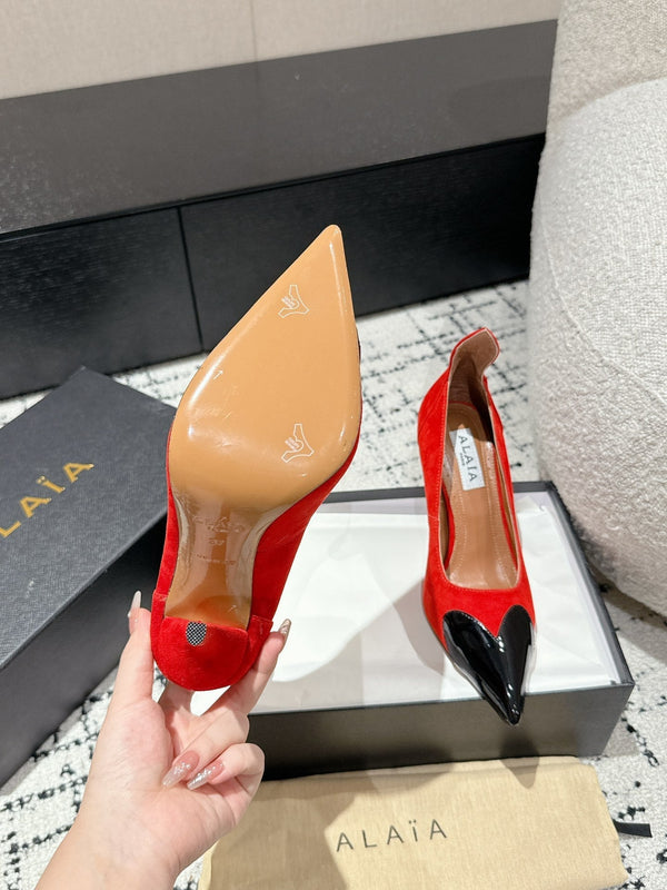 ALAIA HIGH PUMPS 10CM IN CHERRY RED SUEDE MIX BLACK CALFSKIN