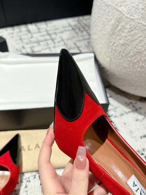 ALAIA HIGH PUMPS 10CM IN CHERRY RED SUEDE MIX BLACK CALFSKIN
