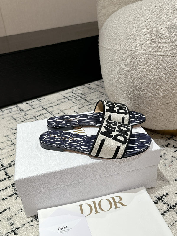 CD Dway Slide Deep Blue Mix White Black Embroidered Cotton