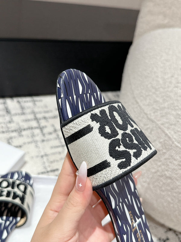 CD Dway Slide Deep Blue Mix White Black Embroidered Cotton