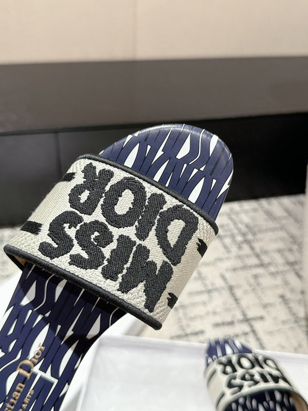 CD Dway Slide Deep Blue Mix White Black Embroidered Cotton