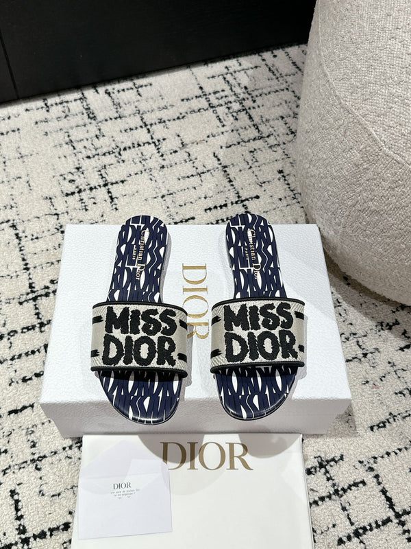 CD Dway Slide Deep Blue Mix White Black Embroidered Cotton