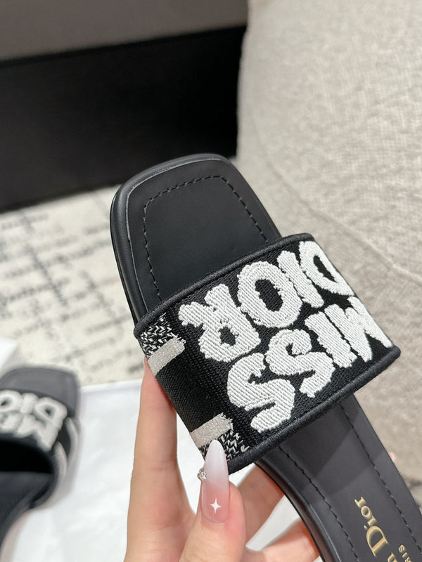 CD Dway Heeled Slide Black Mix White Embroidered Cotton