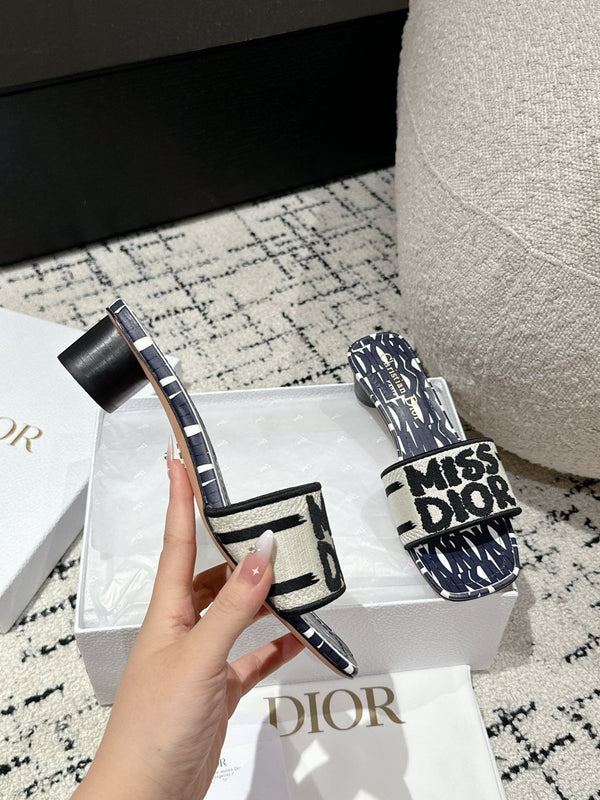 CD Dway Heeled Slide Deep Blue Mix Black White Embroidered Cotton