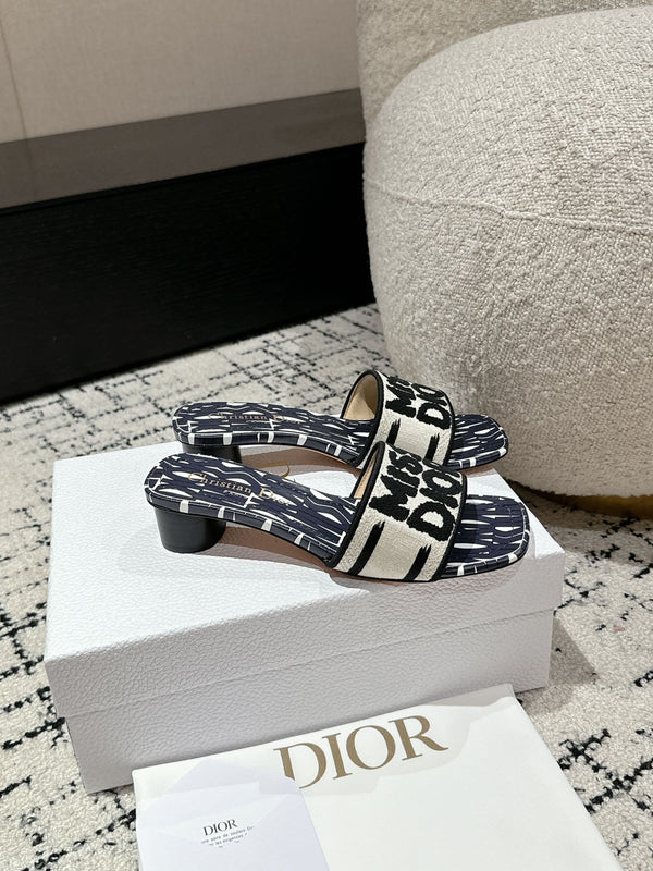 CD Dway Heeled Slide Deep Blue Mix Black White Embroidered Cotton